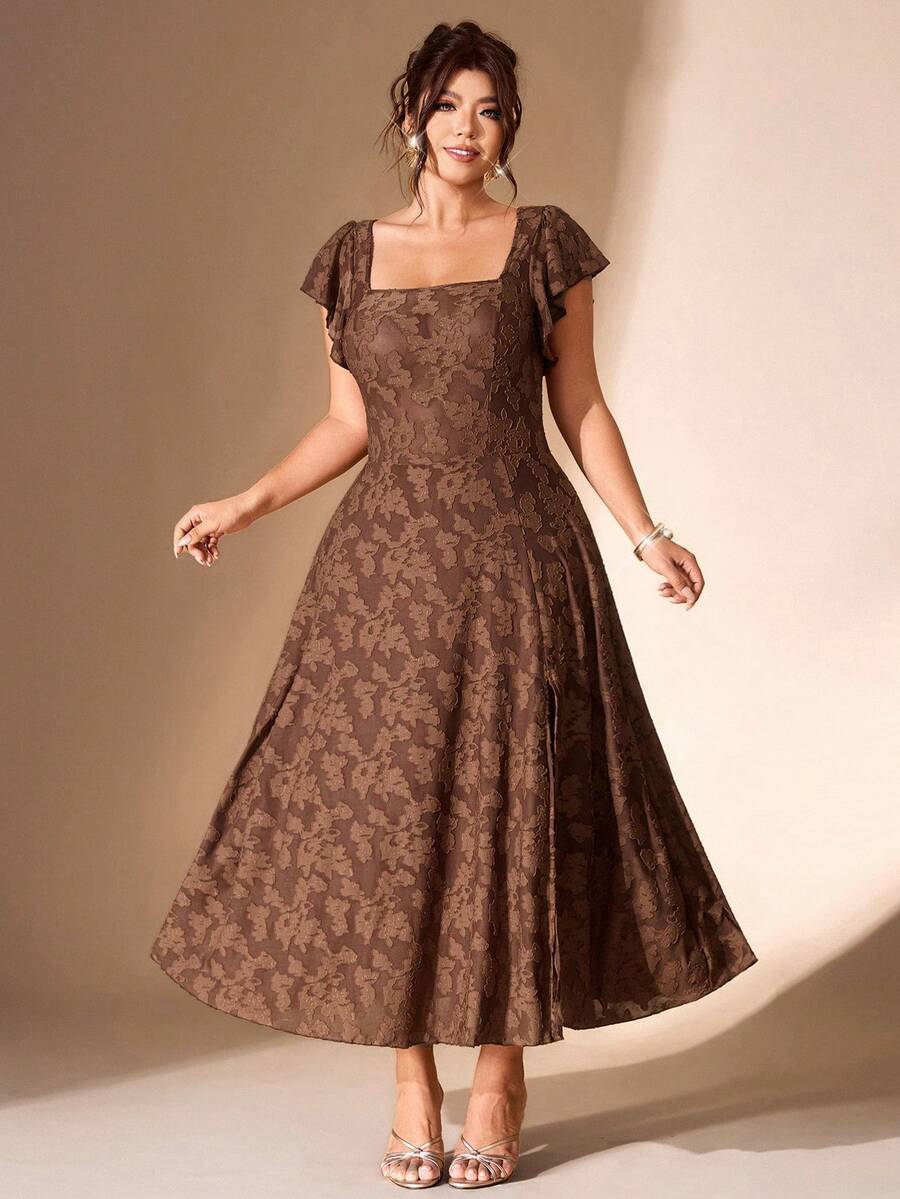 Front view of plus size coffee brown floral jacquard midi dress with square neck, flutter sleeves, high waist, and A-line skirt