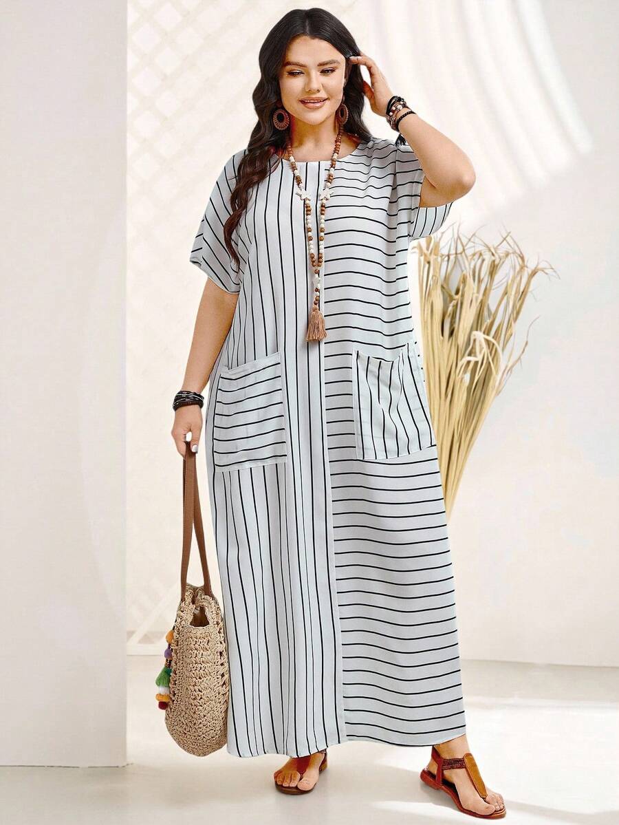 Embrace effortless style and comfort with this plus size long dress, featuring flattering batwing sleeves and classic stripes. Designed with practical side pockets, it’s ideal for warm spring and summer days. The breathable fabric ensures all-day ease, while the flowing silhouette complements your shape beautifully. Perfect for casual outings or relaxed gatherings, this dress combines functionality with timeless design.