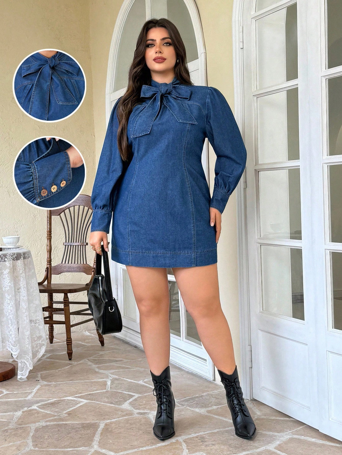 Elevate your denim game with this fabulous plus-size dress that's equal parts chic and comfortable! The signature knotted collar adds a flirty twist to classic denim, while long sleeves keep you covered in style. Perfect for brunch dates, casual dinners, or whenever you want to look put-together without trying too hard. This versatile piece transitions seamlessly from day to night, proving that denim dresses are the ultimate wardrobe MVP. Dress it up with heels and jewelry or keep it relaxed with sneakers—e