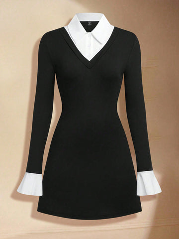 Elevate your style with this Plus Size Women's Textured Colorblock Shirt Collar Bodycon Dress. Showcasing a chic colorblock design and a flattering bodycon fit, this dress will make you stand out in any crowd. Perfect for a day out with friends or a night on the town, you'll love how versatile and stylish this dress is.
