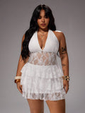 Front mid view of white floral lace mini dress with layered ruffle skirt