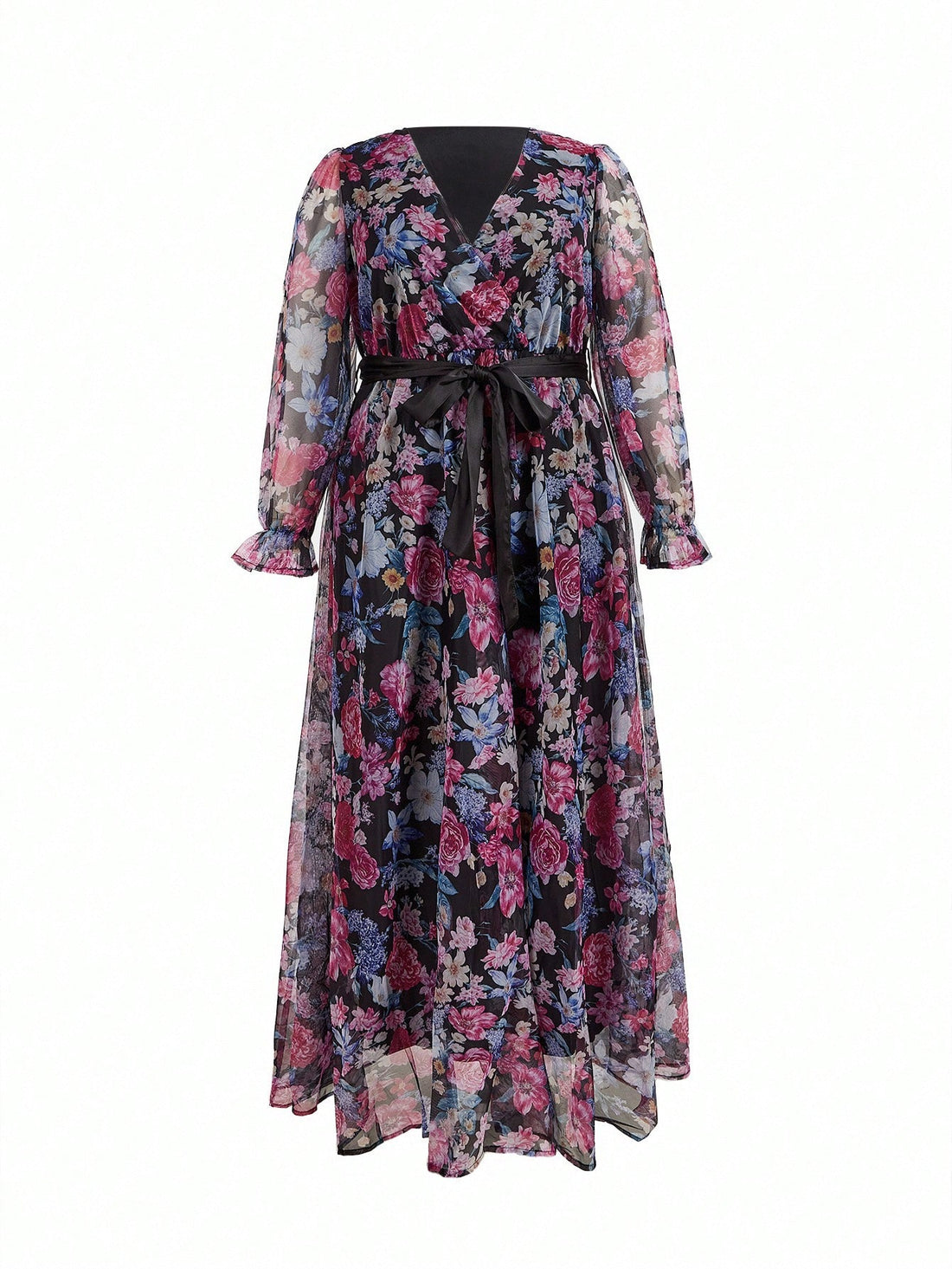 Twirl into romance with this enchanting plus-size dress that celebrates curves with effortless grace. The delicate floral print brings nature's beauty to life, while the flattering V-neckline and dreamy lantern sleeves add a touch of whimsy. Crafted from airy mesh fabric, this flowy silhouette moves with you, creating an elegant yet playful vibe perfect for date nights, garden parties, or whenever you want to feel absolutely fabulous. Comfort meets style in a dress designed to make you shine.