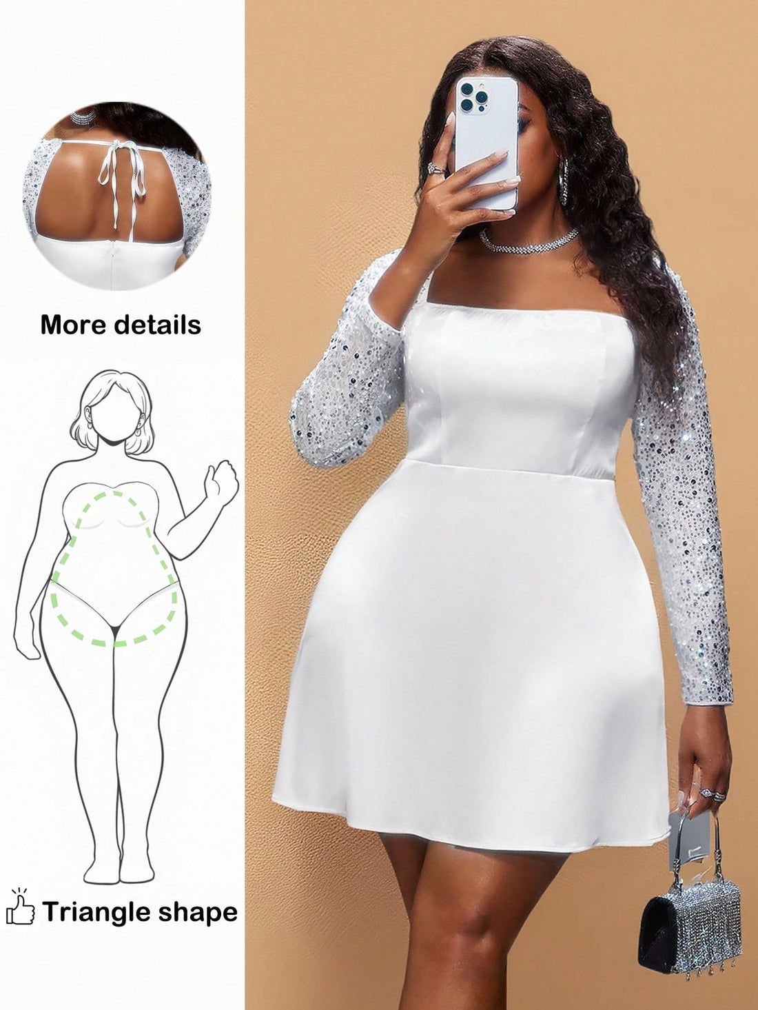 Celebrate your curves with this stunning plus-size mini dress designed to flatter pear-shaped figures! The strategic waist-cinching creates an hourglass silhouette while the sheer sequin patchwork adds glamorous sparkle exactly where you want it. Crafted from luxurious satin, this dress hugs your best features and lets you shine at any occasion. Whether you're heading to a night out or a special event, this playful piece proves that style has no size limit. Turn heads and feel fabulous!