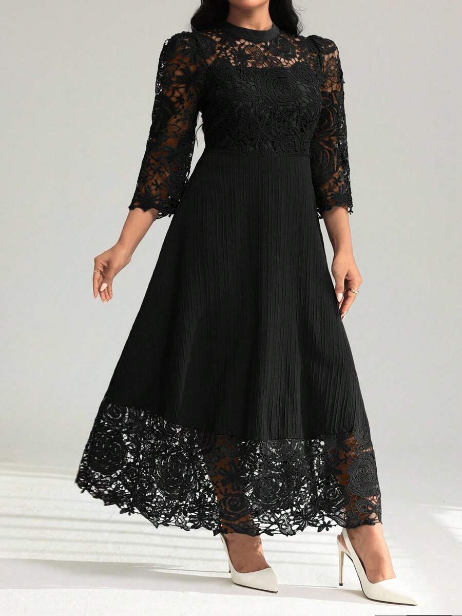 Sunshine never looked so chic! This plus-size maxi dress combines cheerful yellow tones with delicate eyelet embroidery and charming patchwork details for a look that's equal parts elegant and fun. Long sleeves provide graceful coverage while the flowing silhouette flatters every curve. Perfect for garden parties, brunch dates, or whenever you want to turn heads with effortless style. Embrace your inner fashionista in a dress designed to make you feel absolutely fabulous.