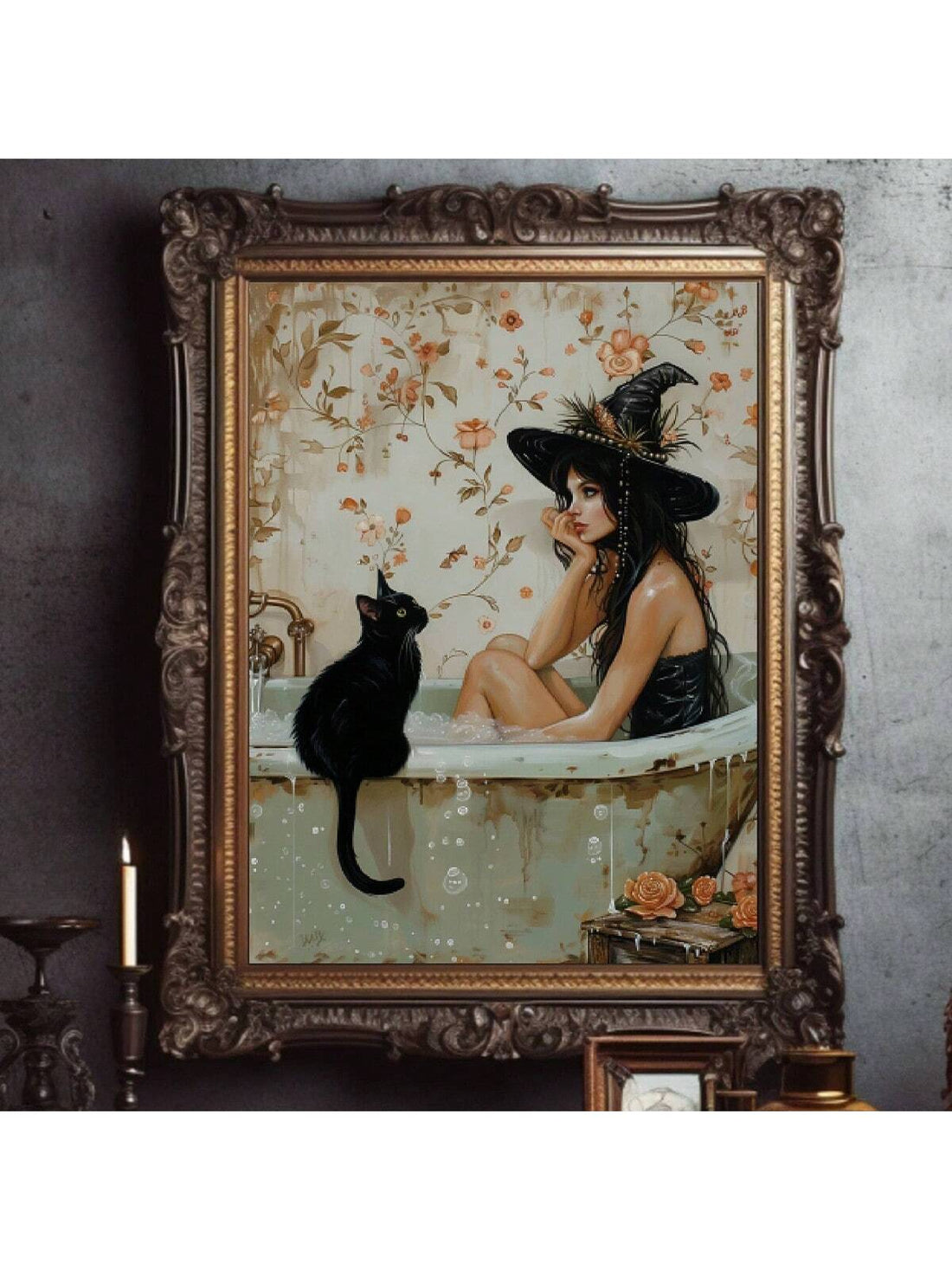 Upgrade your Halloween decor with our Pondering in Bathtub: Light Academia Gothic Poster. This whimsigoth wall art will add a touch of elegance to your home while also providing a spooky vibe. Perfect for those who appreciate the dark yet beautiful aesthetic of light academia.