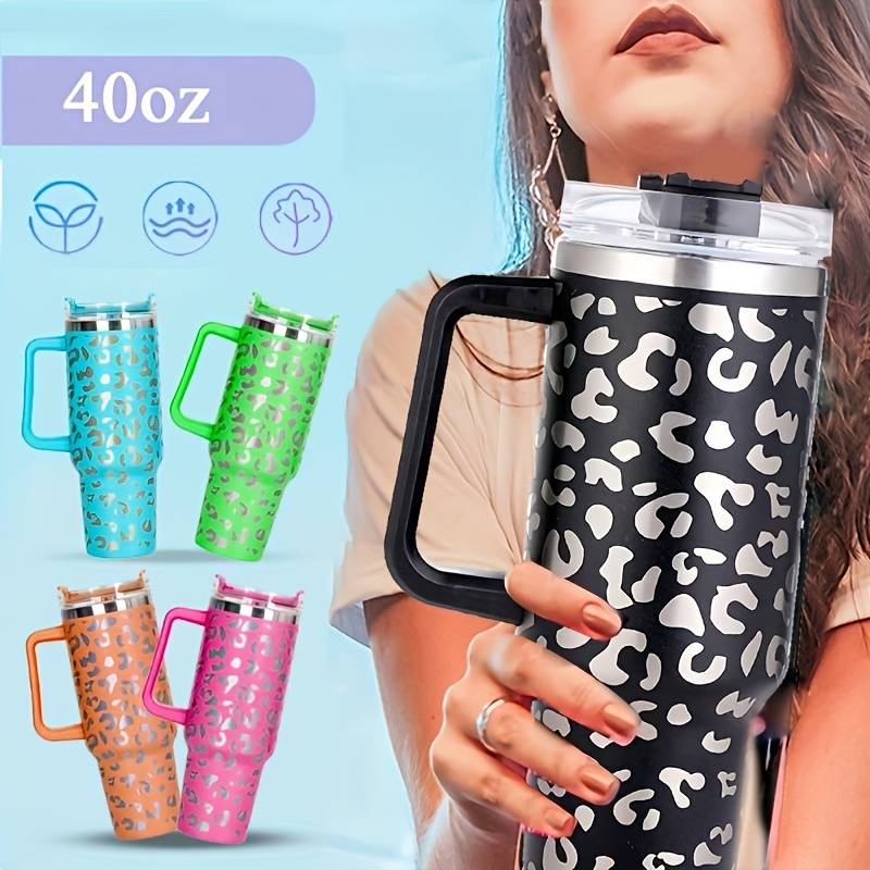 Leopard-Printed Portable 40oz Stainless Steel Water Bottle - Leakproof,  Insulated & Comes with Lid & Straw - Perfect for Outdoor Activities!