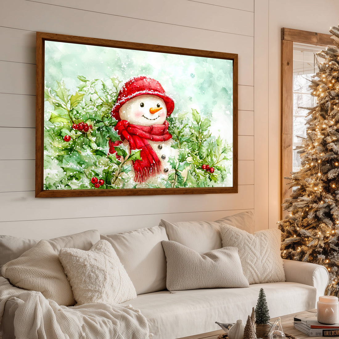 Snowman Christmas Printable Wall Art, Cute Snowman in Red Hat & Scarf, Winter Holly Berries Illustration, Cozy Holiday Decor