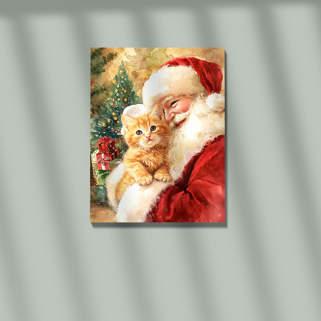 Santa Holding Kitten Christmas Wall Art, Cute Cat Holiday Printable, Vintage Xmas Santa Cat Decor