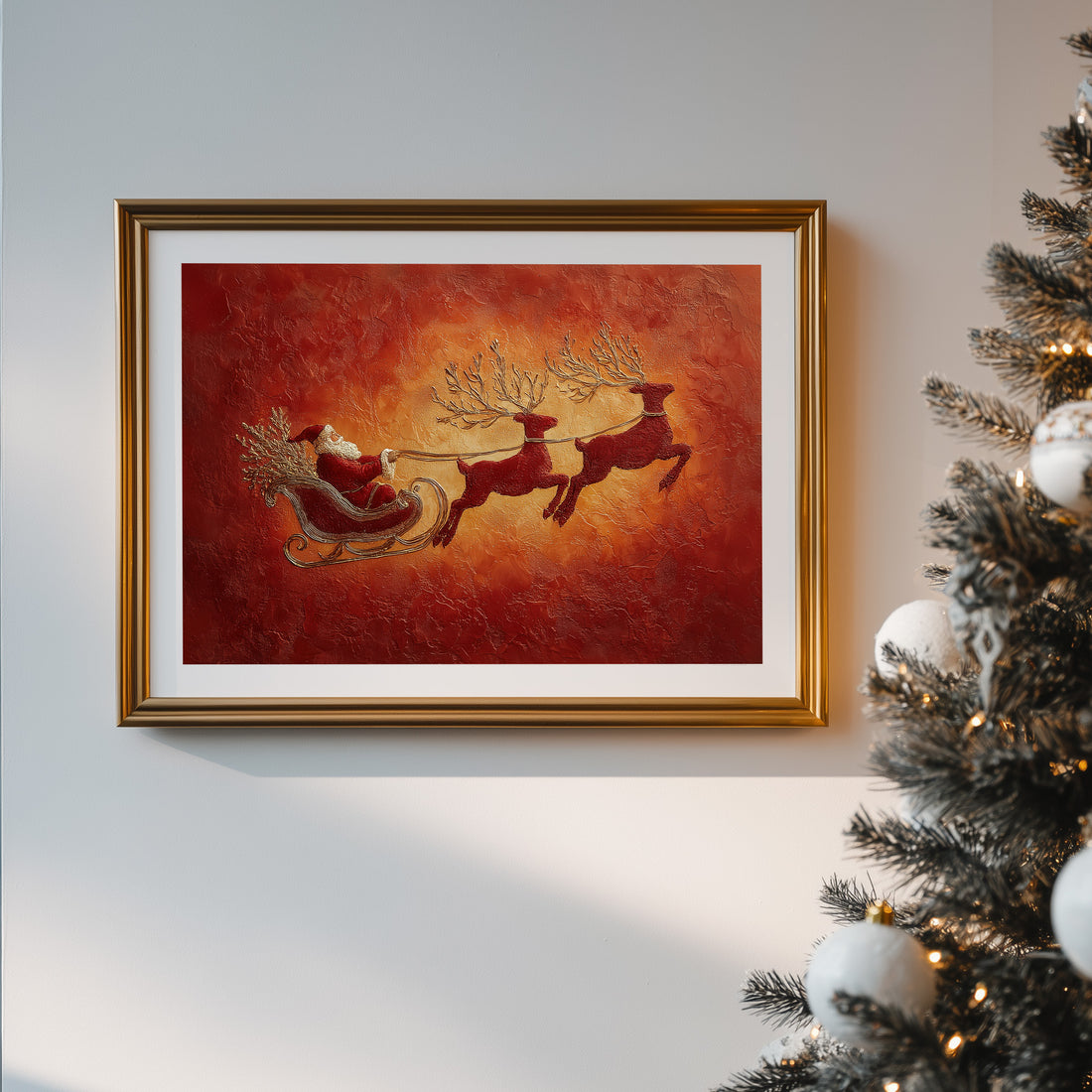 Vintage Santa Sleigh & Reindeer Textured Art – Rustic Christmas Wall Decor, Holiday Canvas Print