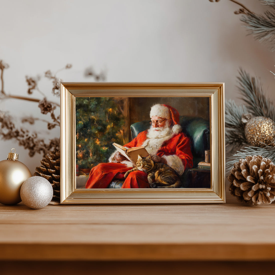 Santa Reading with Cat Printable Wall Art, Cozy Christmas Cat Illustration, Santa by Fireplace Painting, Warm Holiday Decor