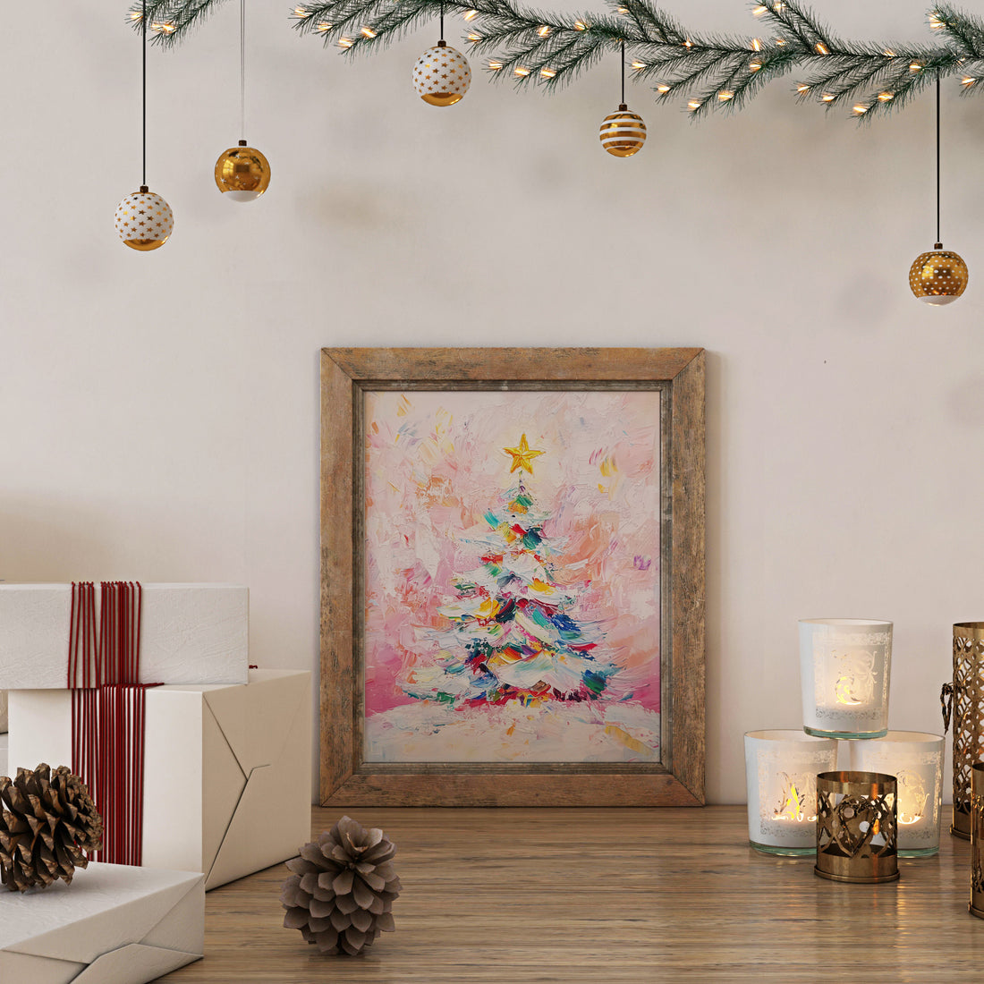 Colorful Abstract Impasto Oil Painting Of A Christmas Tree With Golden Star Topper