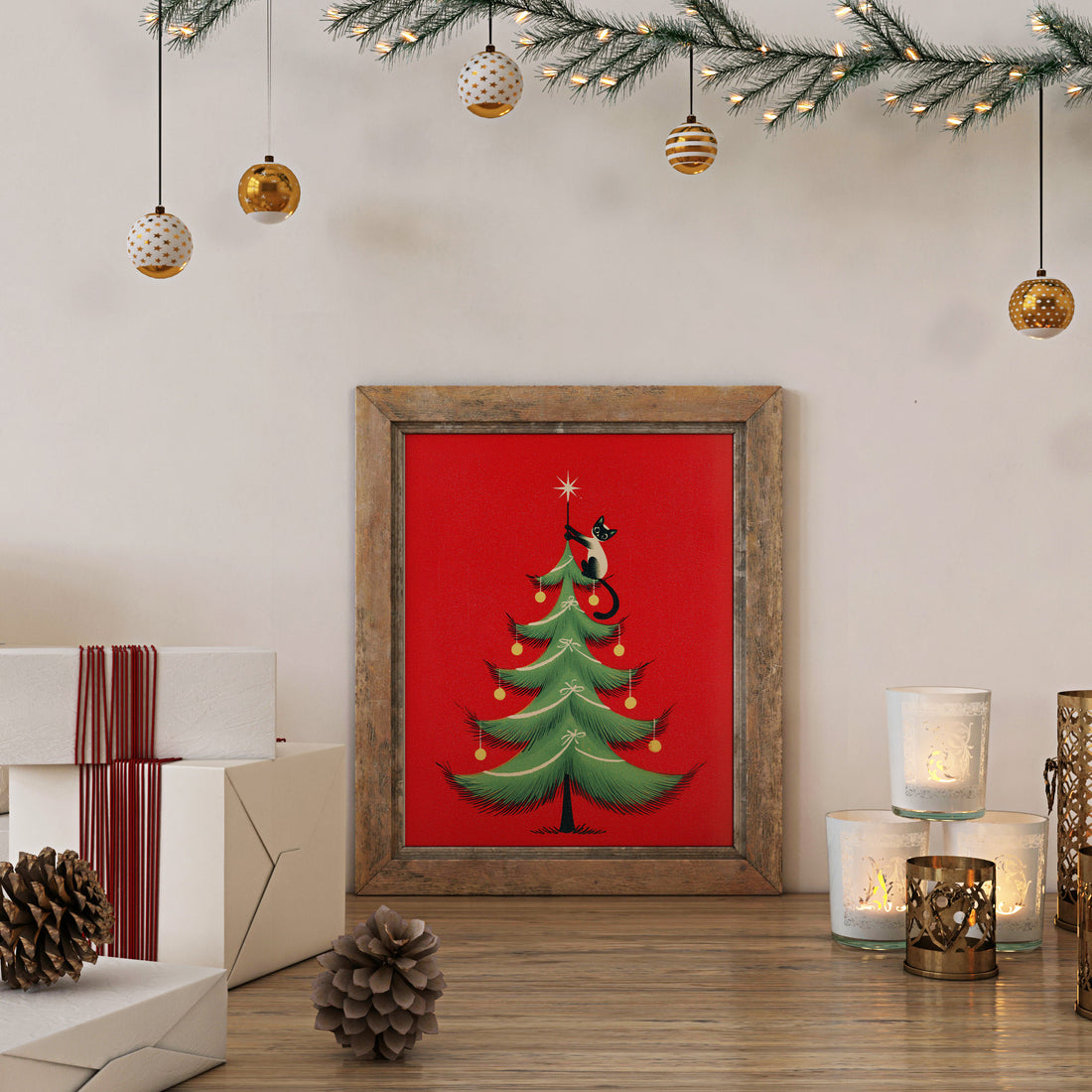 Retro Mid Century Modern Christmas Illustration Featuring A Siamese Cat Reaching For The Star