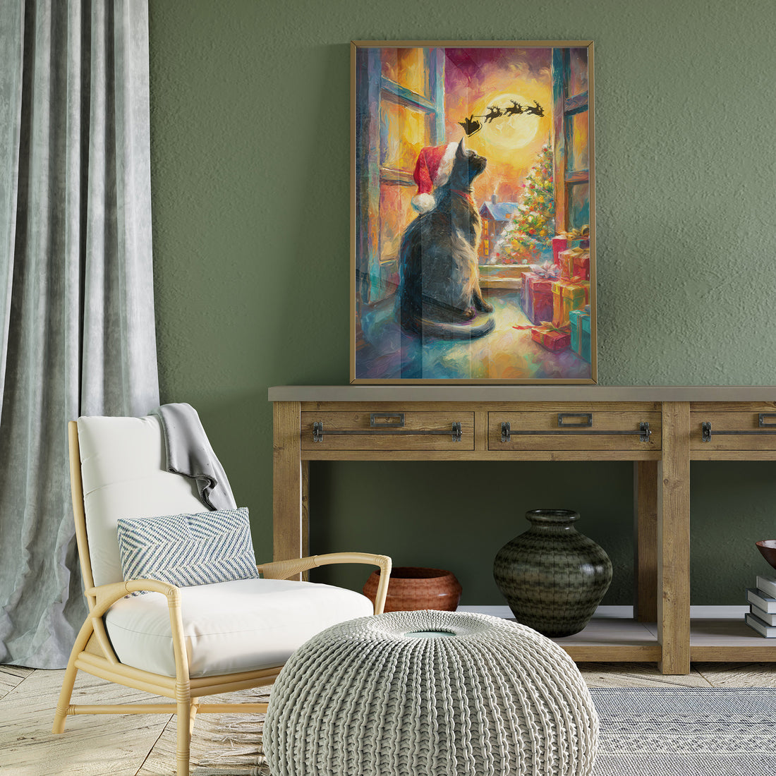 Vibrant Oil Painting Of A Black Cat In Santa Hat Watching Santa's Sleigh