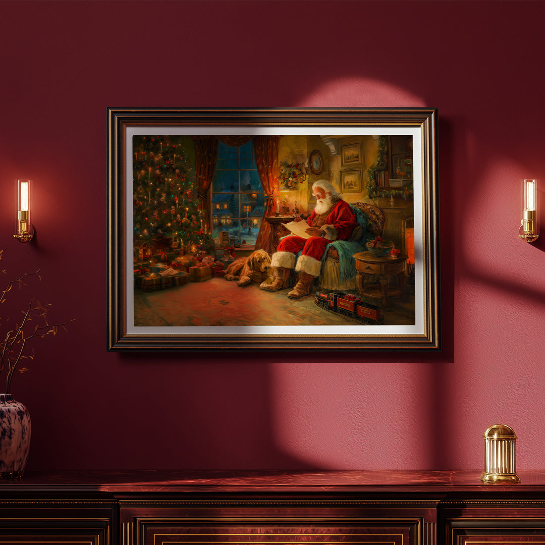 Cozy Santa Reading by Fireplace Printable Wall Art, Warm Christmas Living Room Illustration, Festive Holiday Decor, Vintage Santa & Dog Scene