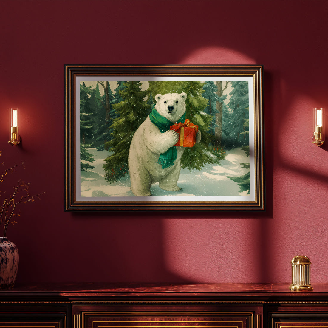 Polar Bear Christmas Printable Wall Art, Cute Winter Bear with Gift Illustration, Holiday Forest Animal Print