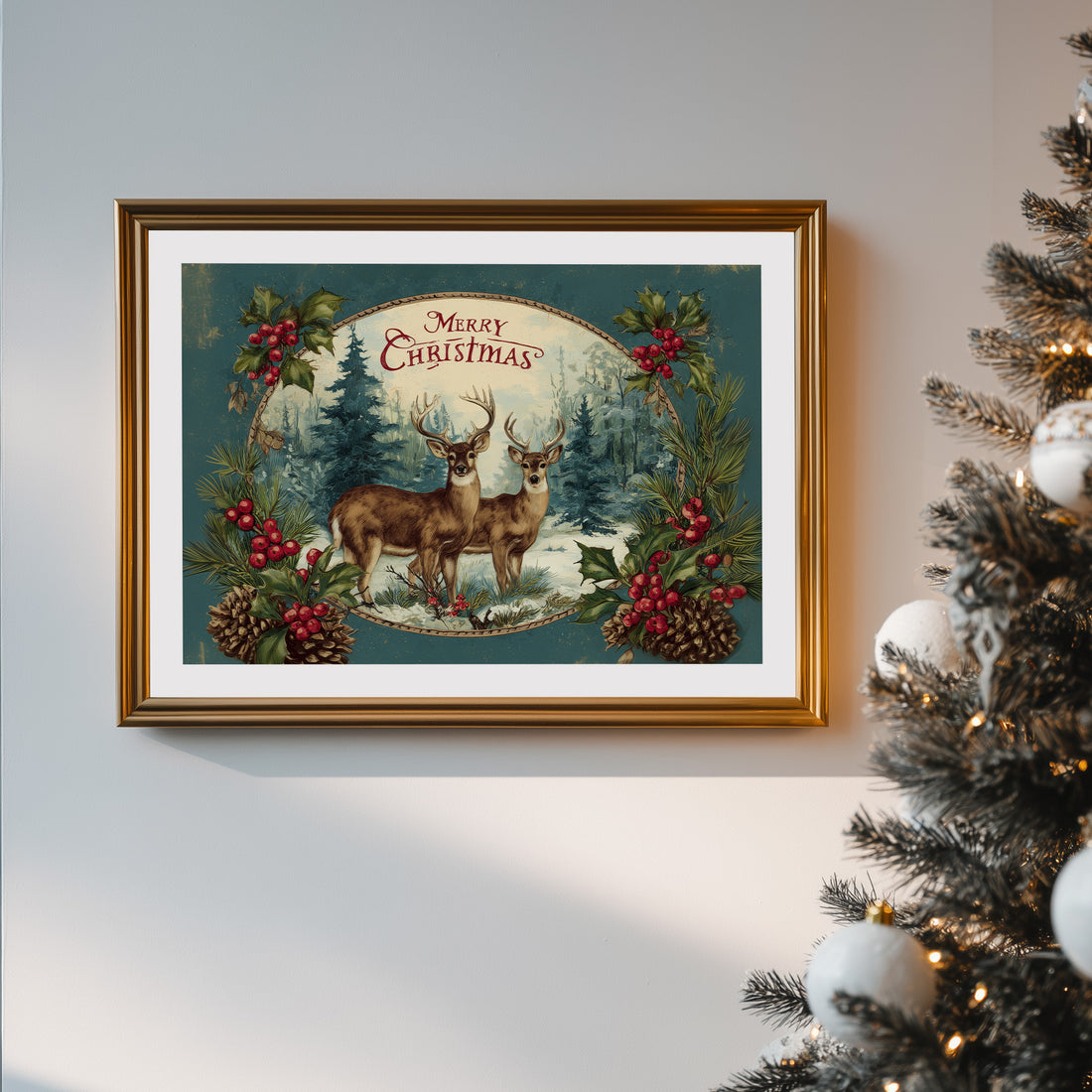 Vintage Christmas Deer Printable Wall Art, Woodland Winter Stag Illustration, Rustic Holiday Forest Scene, Festive Pine & Berry Decor