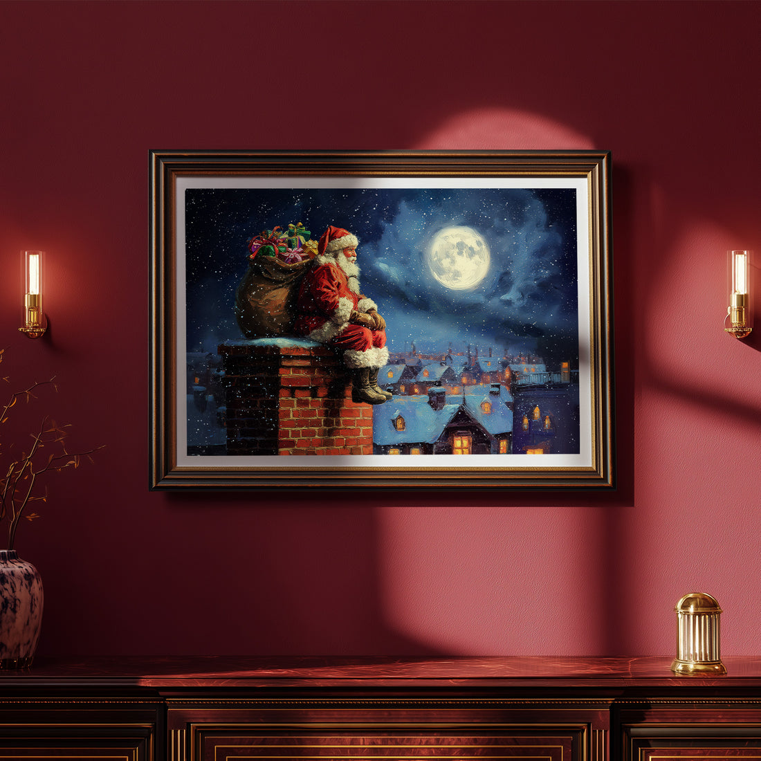 Vintage Santa Claus on Snowy Chimney Under Full Moon, Classic Christmas Night Art, Winter Holiday Scene Print