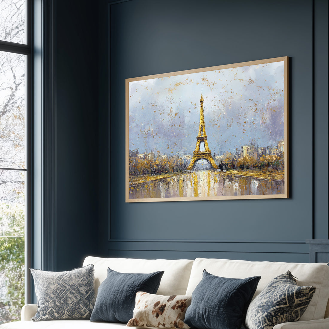 Luxury Golden Eiffel Tower Paris Oil Painting With Sparkling Gold Leaf Effect Wall Art