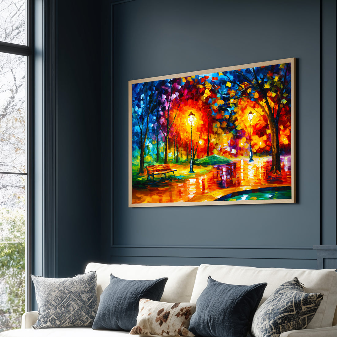 Vibrant Impasto Park At Night Oil Painting With Glowing Lamp Posts And Park Bench