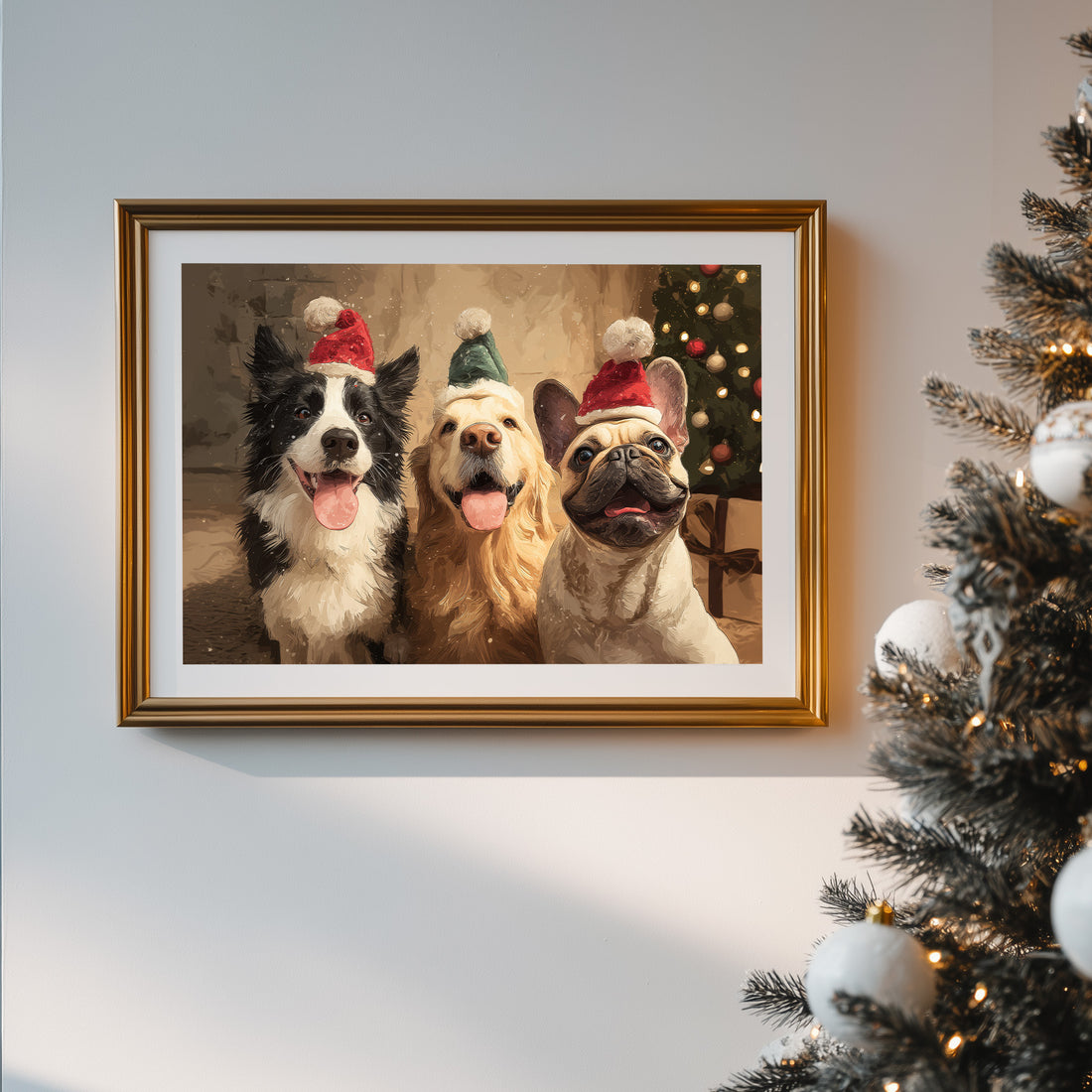 Christmas Dogs Trio Portrait, Cute Holiday Dog Art Print with Santa Hats, Festive Pet Wall Decor for Dog Lovers & Xmas Home Decorating