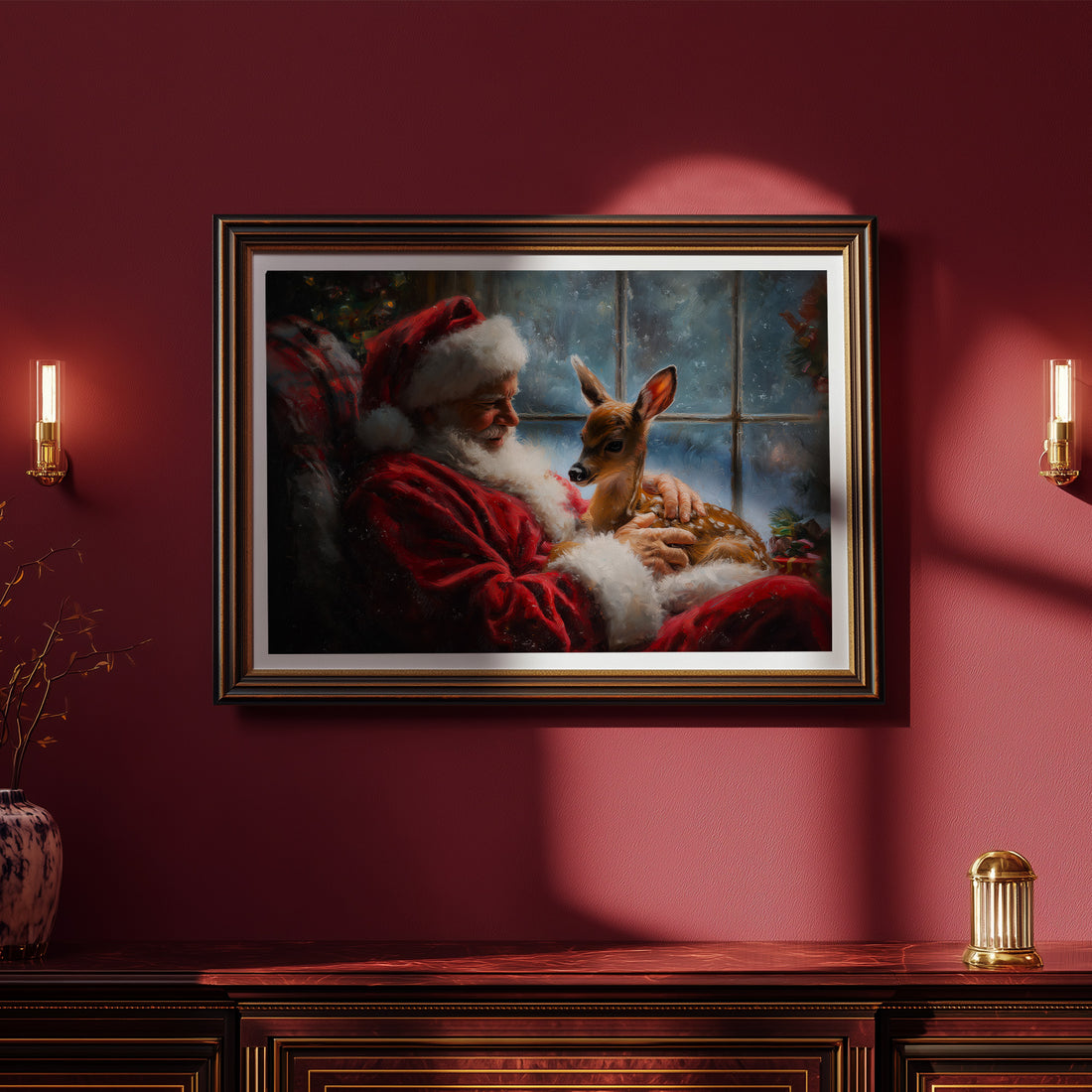 Santa Claus with Baby Deer by the Window, Cozy Christmas Art, Heartwarming Holiday Scene