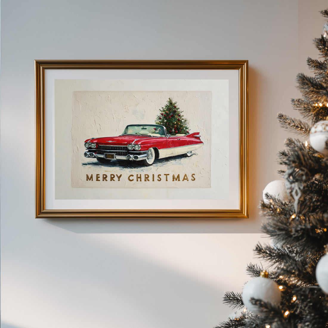 Vintage Red Christmas Car Print, Retro Holiday Cadillac Art, Festive Classic Car Wall Decor
