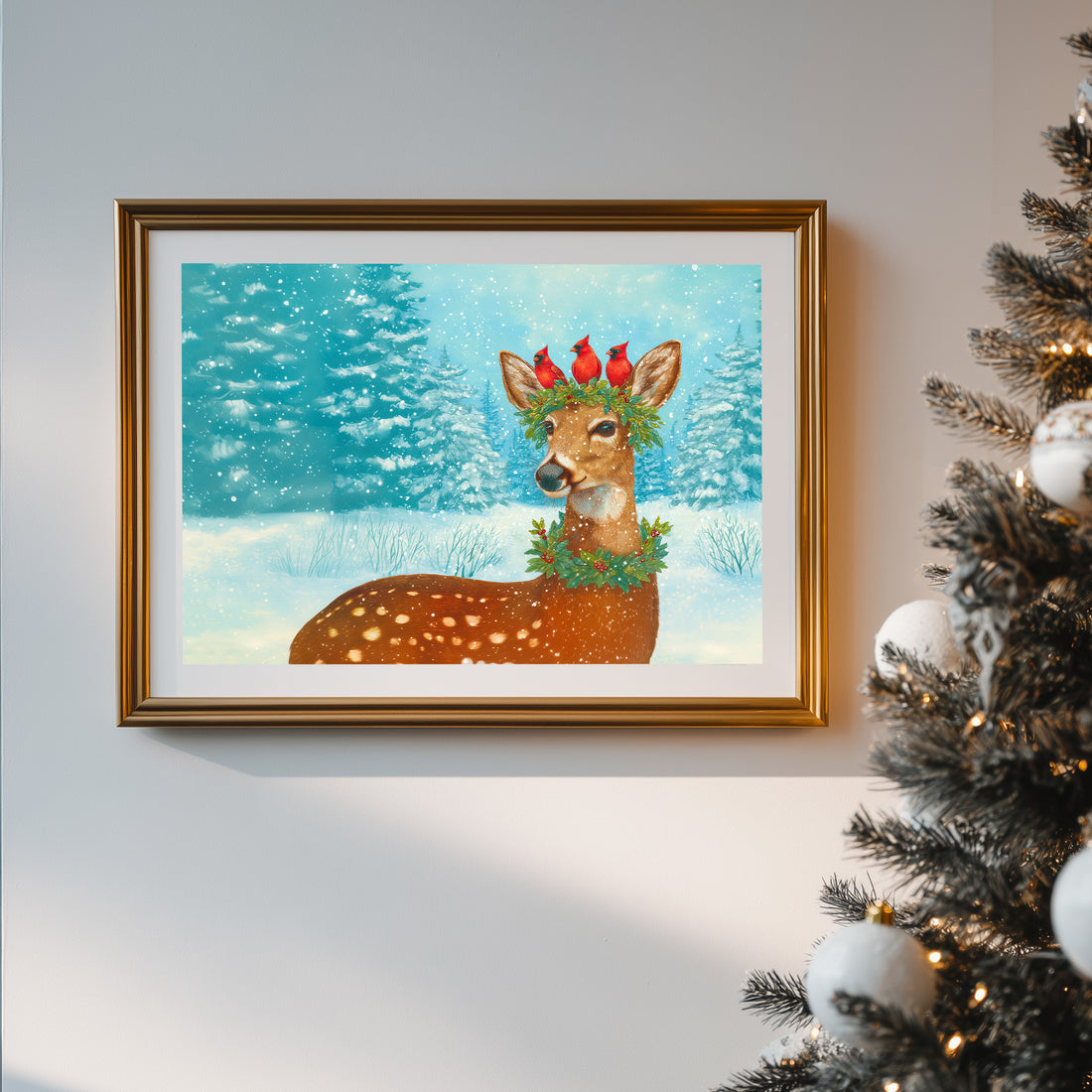 Vintage Christmas Deer Art Print, Winter Fawn with Cardinals, Snowy Forest Wildlife Illustration