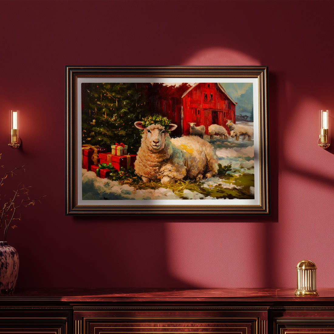 Rustic Christmas Sheep Art, Cozy Farmhouse Winter Scene with Red Barn & Tree, Holiday Gifts Illustration