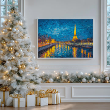 Starry Night Paris Eiffel Tower Oil Painting Glowing City Lights Reflecting On Seine River