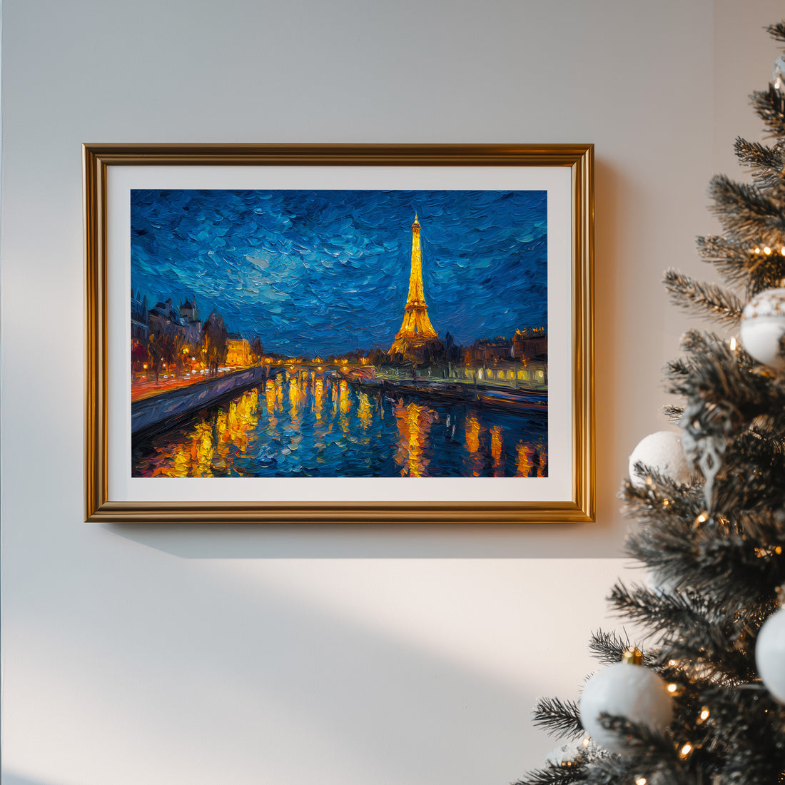 Starry Night Paris Eiffel Tower Oil Painting Glowing City Lights Reflecting On Seine River