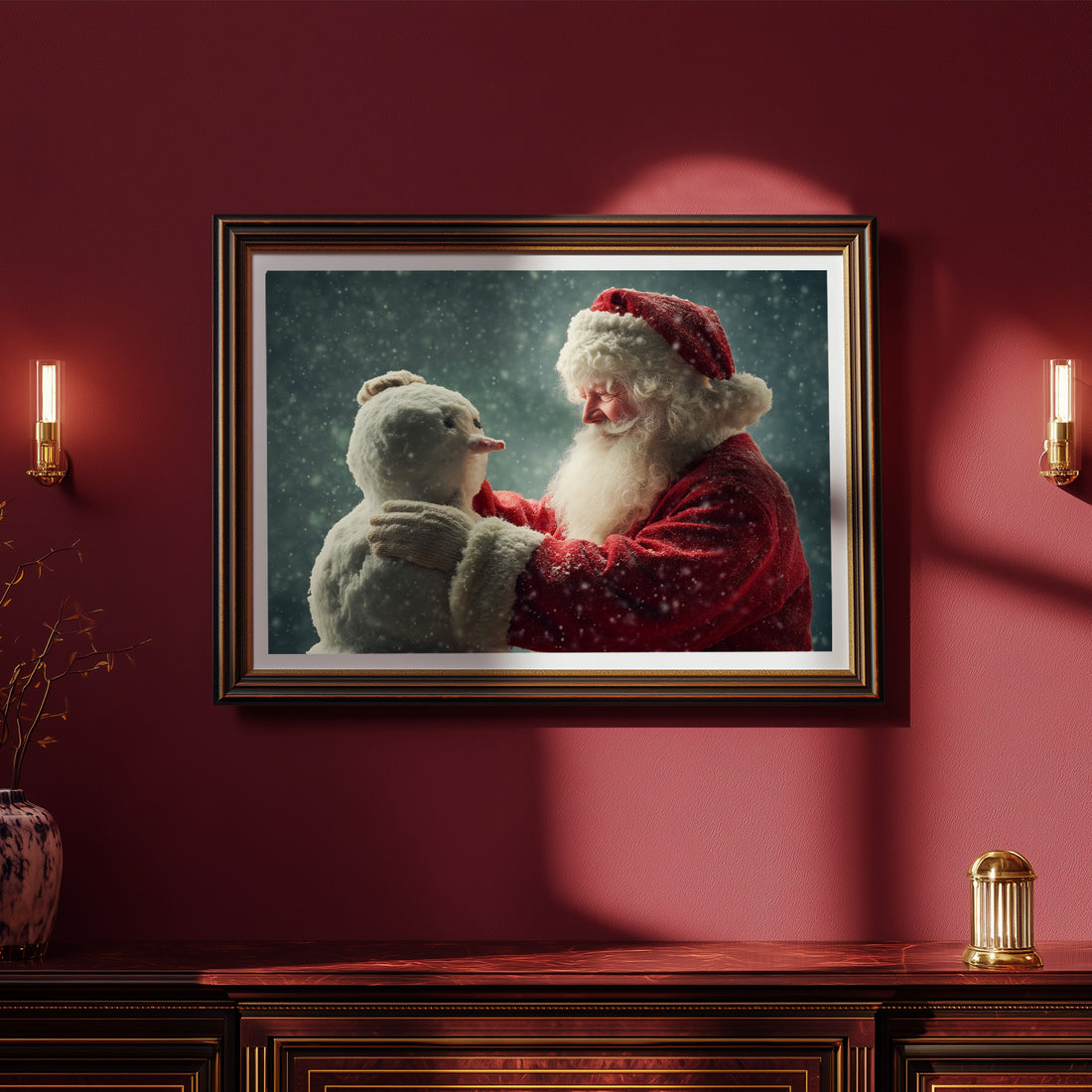 Heartwarming Santa Building Snowman Art, Vintage Christmas Scene with Gentle Snowfall