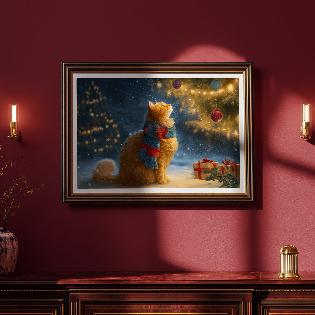 Christmas Cat Art Print, Cozy Ginger Cat with Scarf, Holiday Tree Lights & Gifts, Winter Wonderland Wall Decor