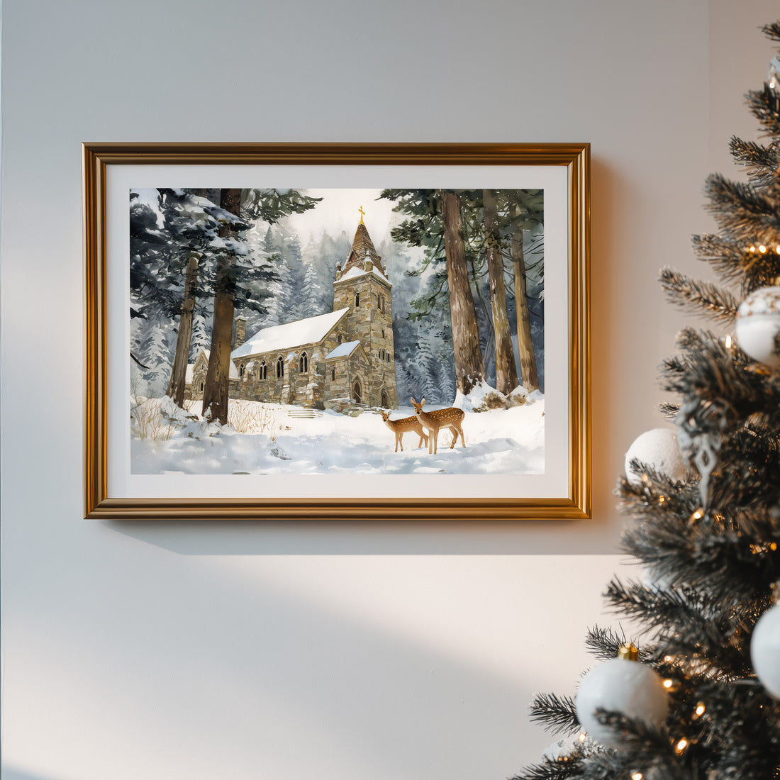 Winter Chapel Art Print, Snowy Forest Church Painting with Deer, Rustic Christmas Wall Decor