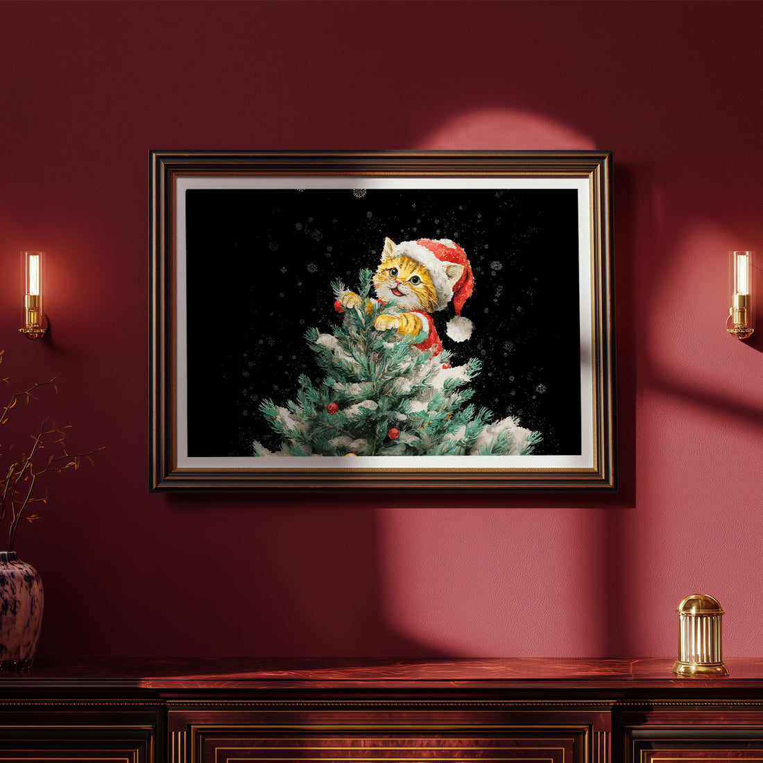 Cute Christmas Kitten in Santa Hat on Snowy Tree – Whimsical Holiday Cat Art Print, Festive Pet Illustration