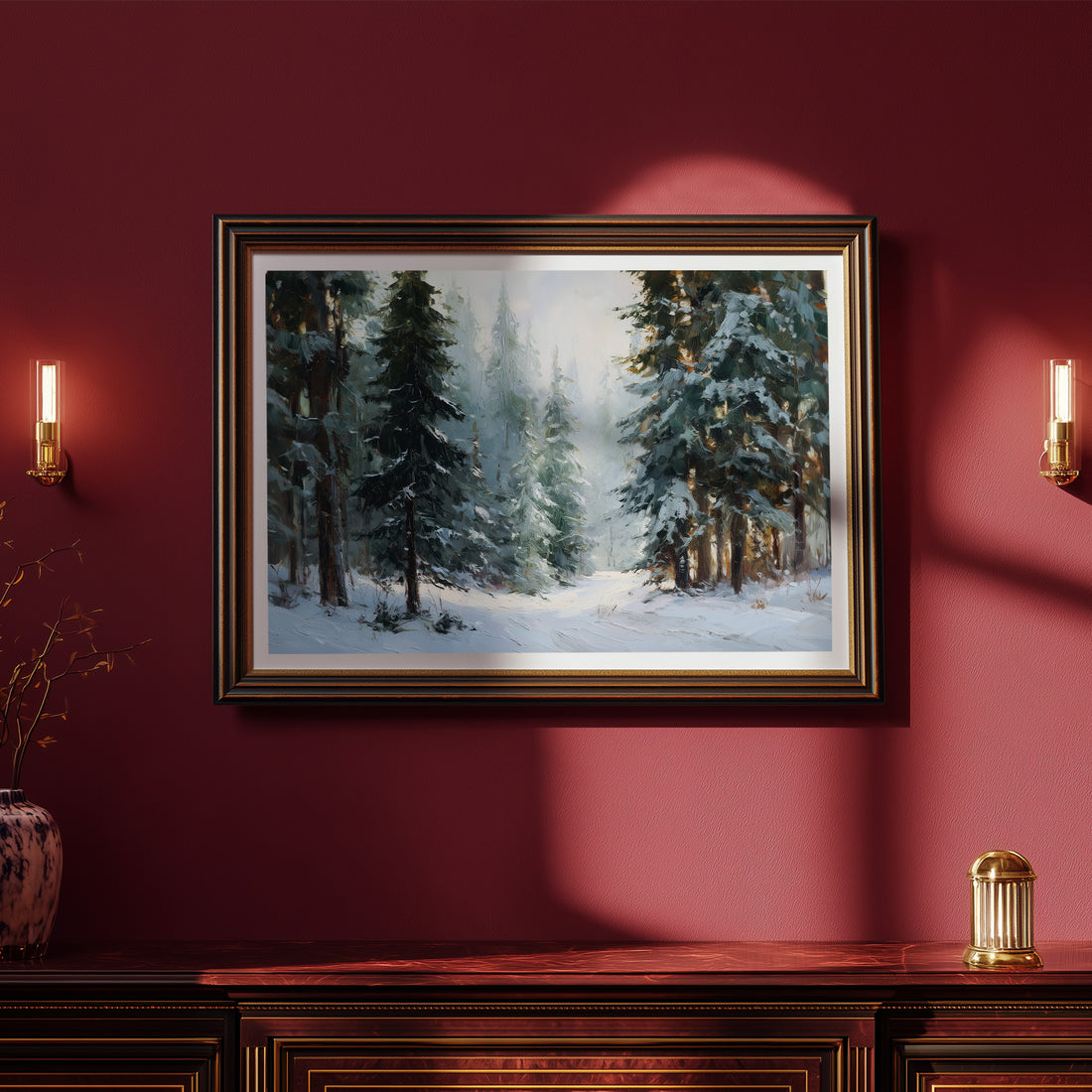 Winter Forest Landscape Painting, Snowy Pine Trees Wall Art, Serene Nature Woodland Decor