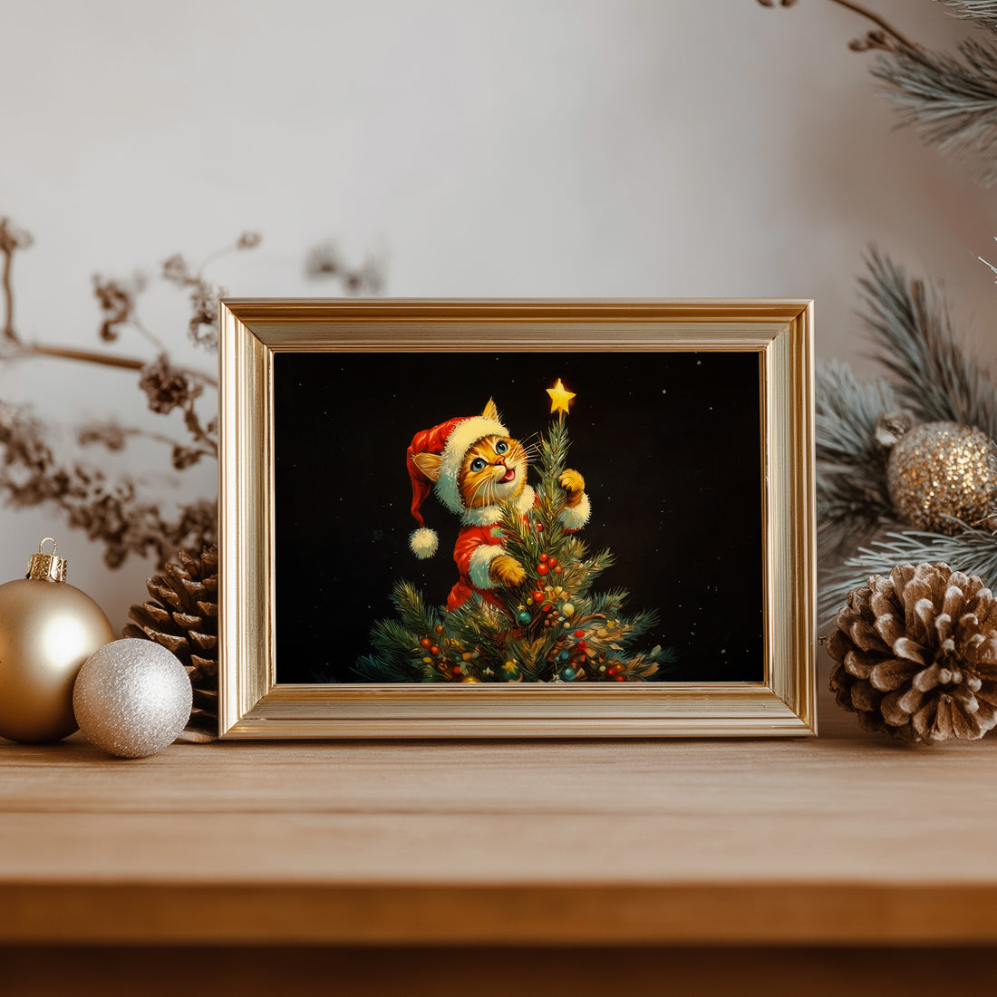 Whimsical Christmas Cat Tree Topper Art, Cute Kitten in Santa Outfit Reaching Star, Festive Holiday Wall Decor, Cozy Winter Home Print