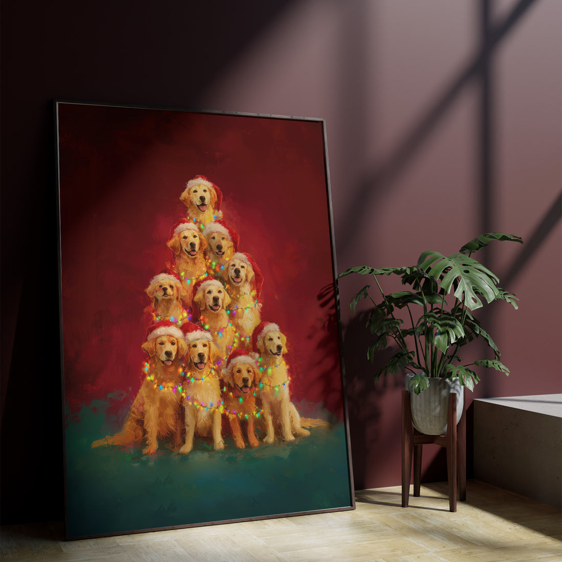 Vintage Golden Retriever Christmas Tree Portrait with Santa Hats & Festive Lights, Cozy Holiday Dog Art Print