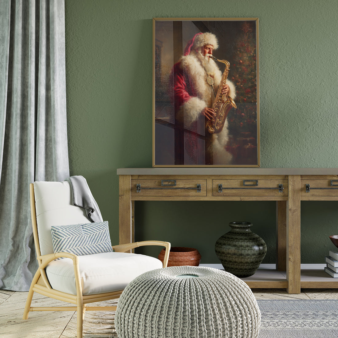 Vintage Santa Claus Playing Golden Saxophone Beside Christmas Tree – Warm Holiday Music Art Print