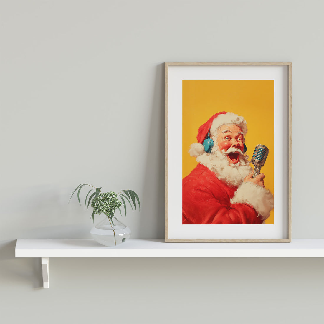 Santa Claus Singing Art Print, Retro Christmas Wall Decor, Vintage Santa With Headphones Poster