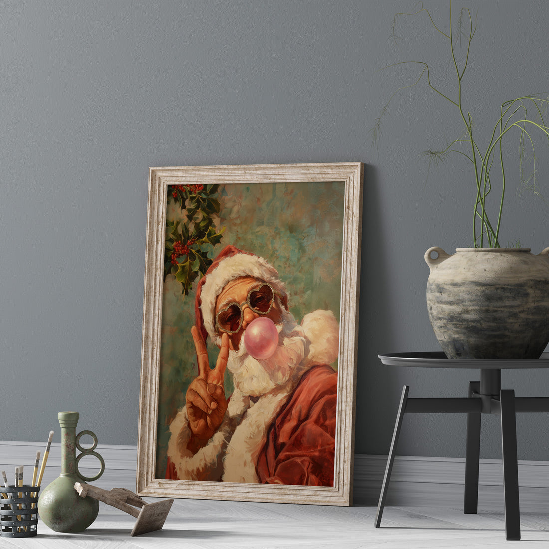 Retro Santa With Bubblegum And Heart Glasses, Cool Christmas Wall Art, Funky Holiday Decor