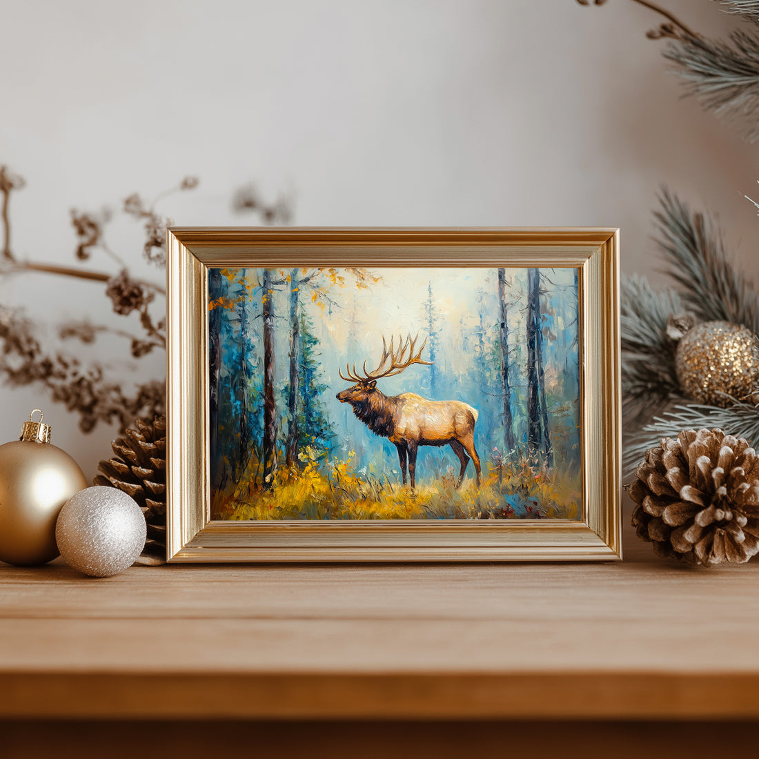 Majestic Elk In Autumn Forest, Wildlife Wall Art Print, Rustic Nature Painting, Woodland Decor, Cabin Lodge