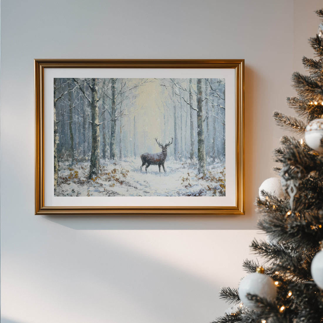Winter Deer In Snowy Forest, Rustic Wildlife Wall Art, Nordic Nature Painting, Woodland Landscape Print