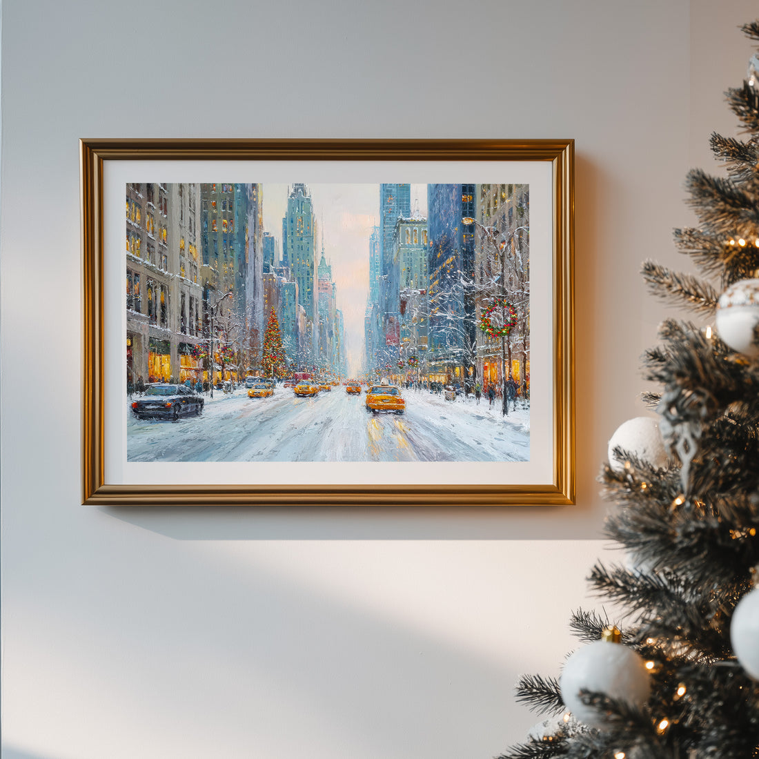 Snowy New York City Street Scene, Christmas Urban Wall Art, Winter Cityscape Painting