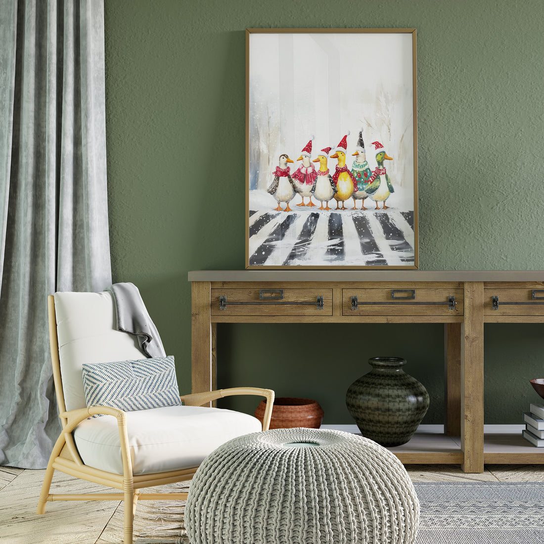 Christmas Ducks In Festive Sweaters Crossing Snowy Street, Whimsical Holiday Duck Print, Winter Animal Art