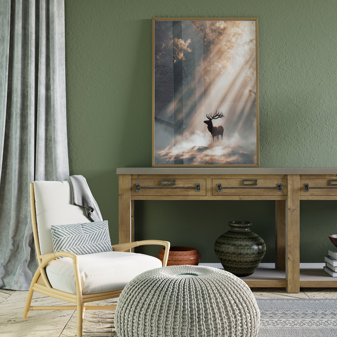 Majestic Stag In Enchanted Forest Light, Atmospheric Nature Wildlife Art Print, Misty Woodland Deer Photography Wall Decor