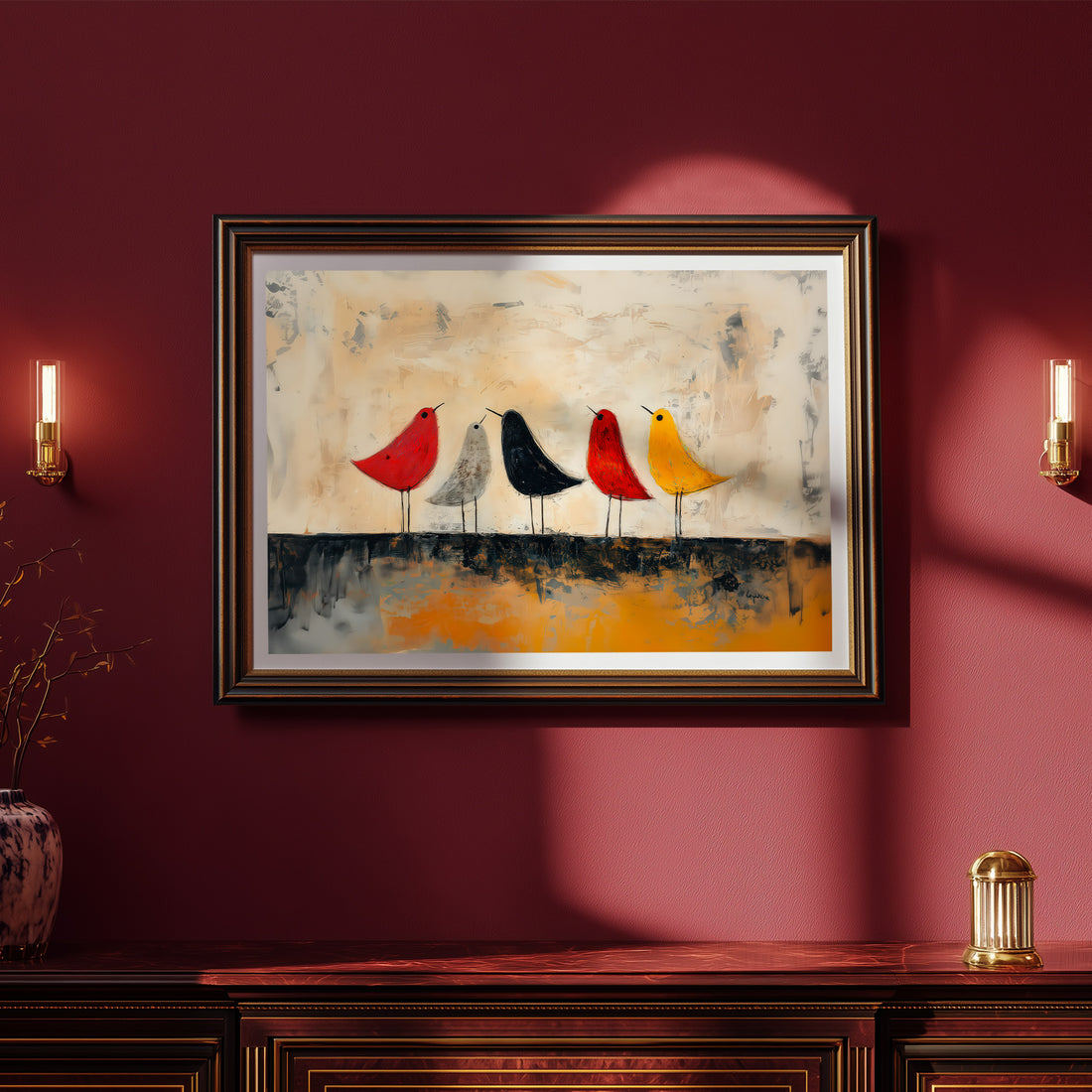 Colorful Modern Bird Art Featuring Minimalist Red, Yellow, Black, And White Birds Standing Together On A Textured Abstract Background