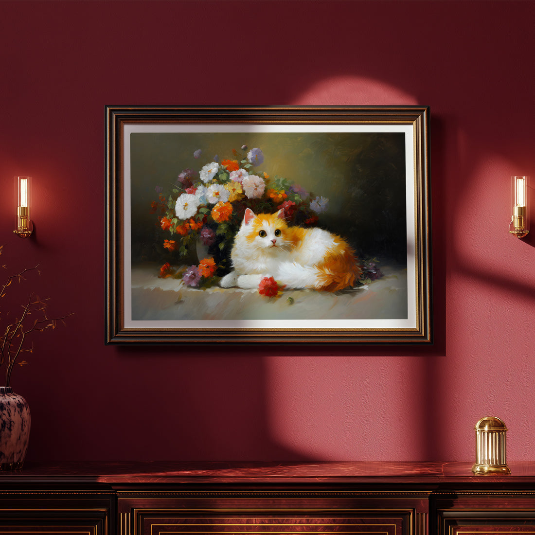 Elegant Floral Still Life With Adorable White And Orange Cat Resting Beside Colorful Blossoms In Soft Classic Oil Painting Style
