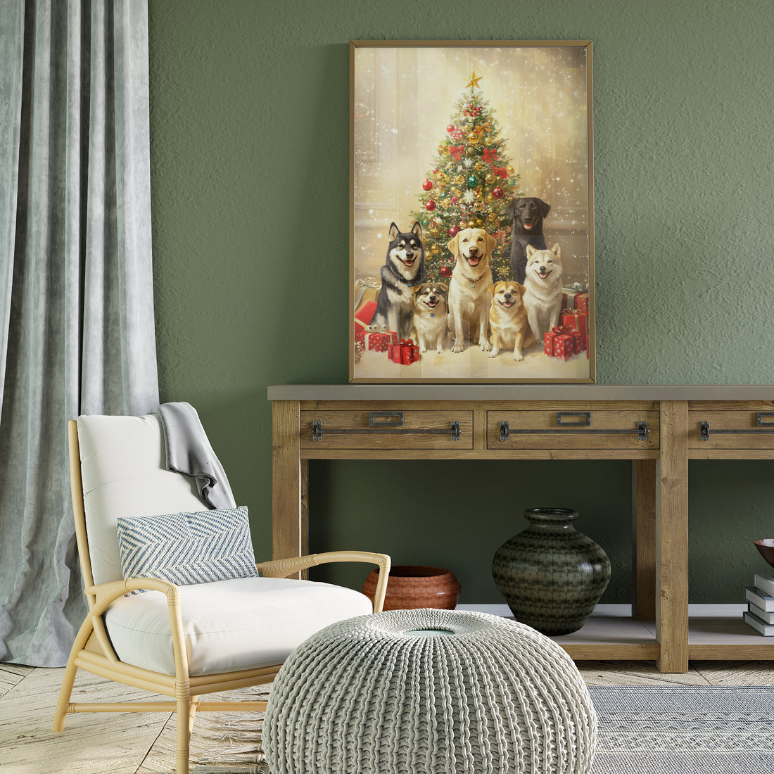 Heartwarming Group Portrait Of Happy Dogs (Labrador, Husky, Corgi) Sitting Under A Sparkling Christmas Tree With Gifts