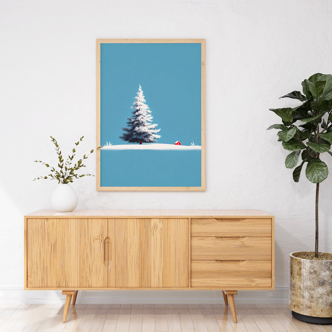 Minimalist Winter Landscape Painting: Isolated Snow-Covered Christmas Tree With Small Red Cabin Against A Clear Blue Sky