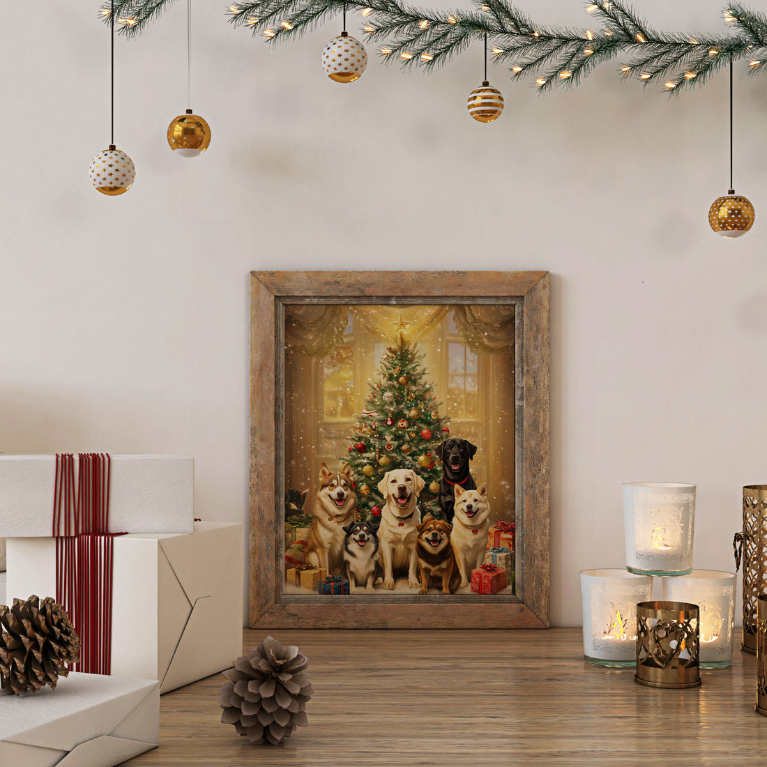 Heartwarming Group Portrait Of Happy Dogs Sitting Posing Around A Fully Decorated Christmas Tree Near A Snowy Window